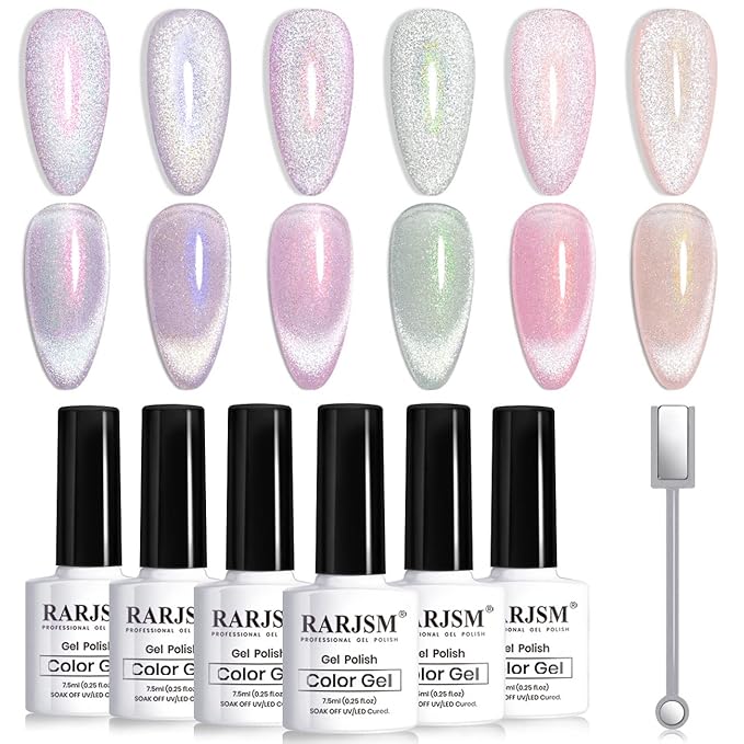 RARJSM Aurora Cat Eye Gel Nail Polish Set 6 Colors Velvet Silver Glitter Purple Pink Green Champagne Galaxy Star Cloud Ice Gel Polish with Magnet Stick UV LED Curing Requires Soak Off Home Salon-BrightBean Baby