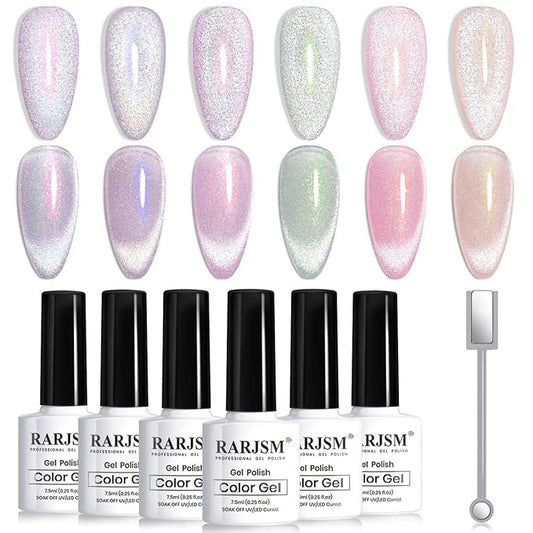 RARJSM Aurora Cat Eye Gel Nail Polish Set 6 Colors Velvet Silver Glitter Purple Pink Green Champagne Galaxy Star Cloud Ice Gel Polish with Magnet Stick UV LED Curing Requires Soak Off Home Salon-BrightBean Baby