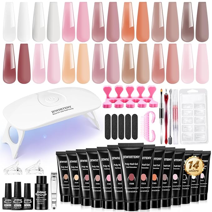 JEWHITENY Poly Extension Gel Nail Kit 14 PCS Poly Gel Kit with Slip Solution and Mini Lamp Nail Art Design Beginner-BrightBean Baby
