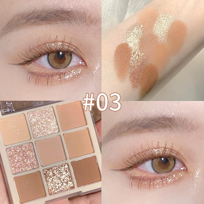 Erinde 9 Colors Eyeshadow Palette, Matte Shimmer Glitter Eye Shadow Makeup Palette, Highly Pigmented Long Lasting Waterproof, Natural Neutral Nude Eyeshadow Makeup Pallet, Milk Latte Color-BrightBean Baby