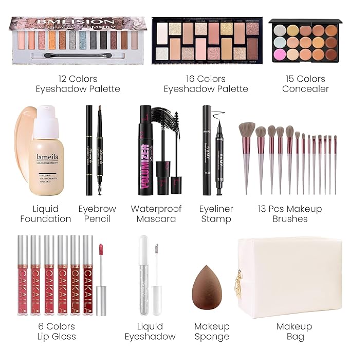 Makeup Present Set for Teen Girl Women, Travel Makeup Kit, Makeup Full Kit for Beginner, Makeup Bundle Include 2 Matte & Shimmer Eyeshadow Palettes, Liquid Glitter Eyeshadow & Eyeliner-BrightBean Baby