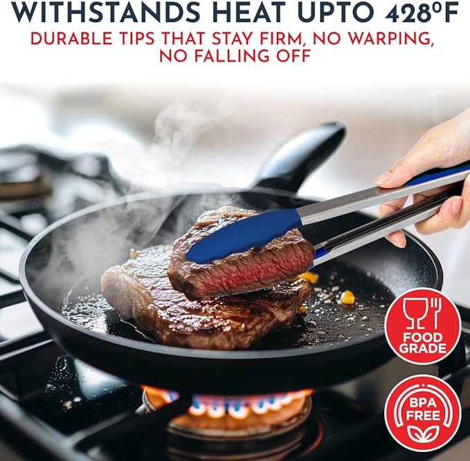 Kitchen Tongs for Cooking with Silicone Tips, Heat Resistant Tongs for Serving Food, 7-Inch, 9-Inch, 12-Inch Locking Silicone Tong, Set of 3 Salad Tong, Blue Kitchen Utensils