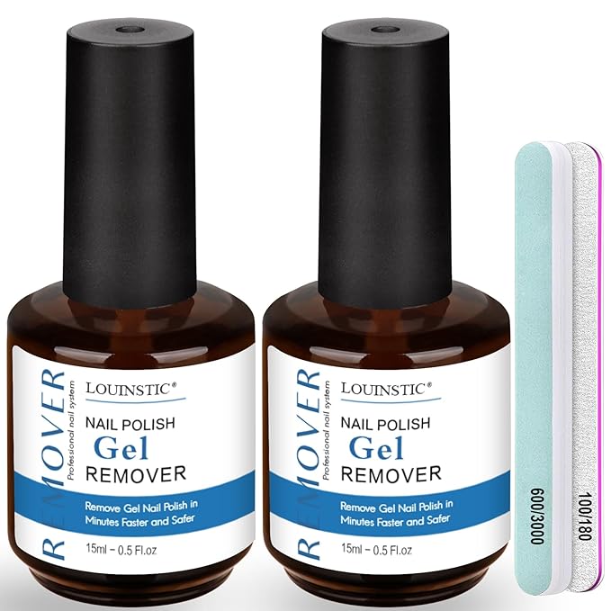 LOUINSTIC 2×15 ml Easy & Quick Gel Nail Remover Kit – Professional Gentle Acetone-Free Gel Polish Remover for Nails in 2–5 Minutes, No Soak or Foil, Includes Nail File – Home DIY Manicure & Travel-BrightBean Baby