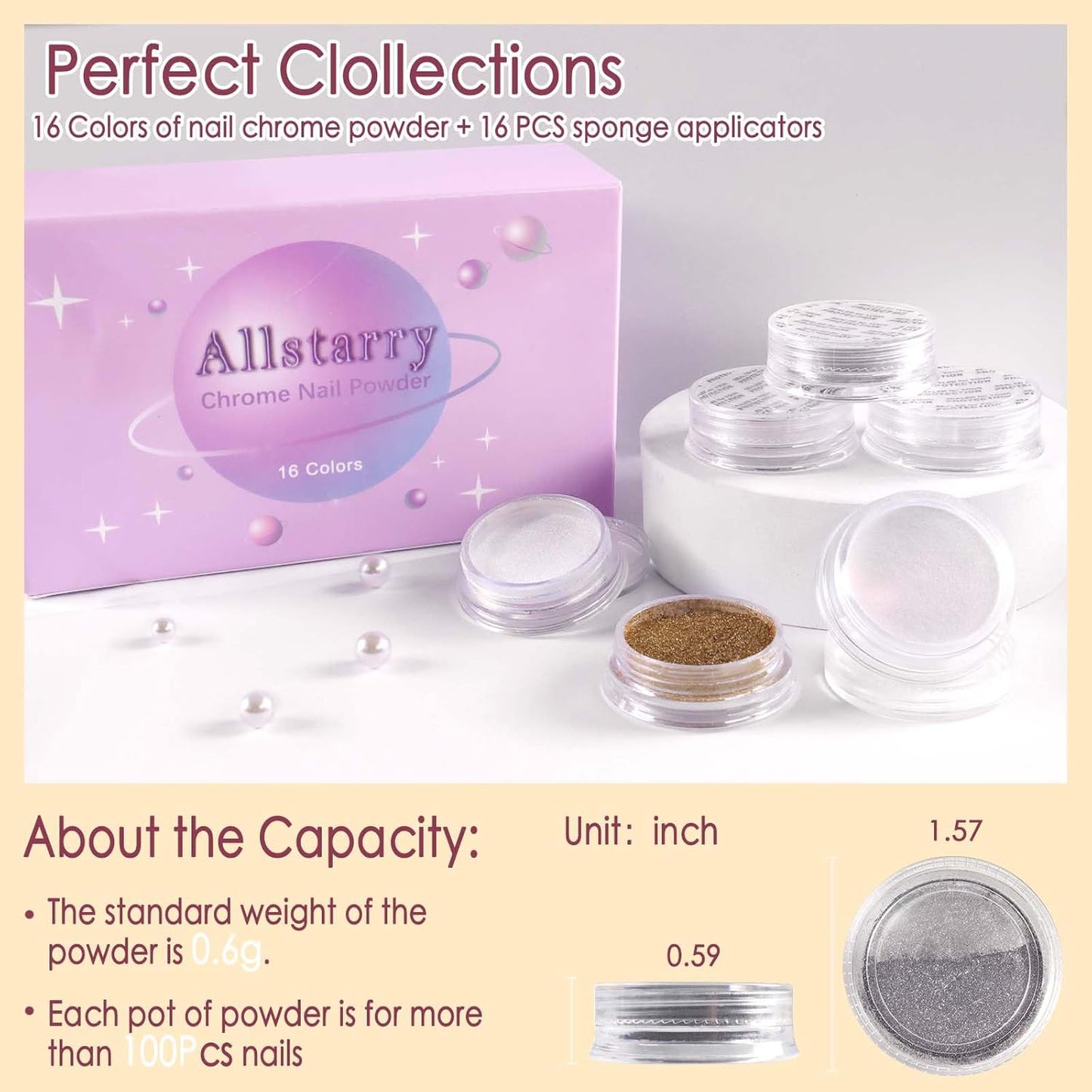 Allstarry Chrome Nail Powder Kit - 16 Colors Metallic Mirror Effect Pigment Powder Magic Glitter Dust for Gel Polish Nail Art Decoration with 16 Sponge Sticks-BrightBean Baby