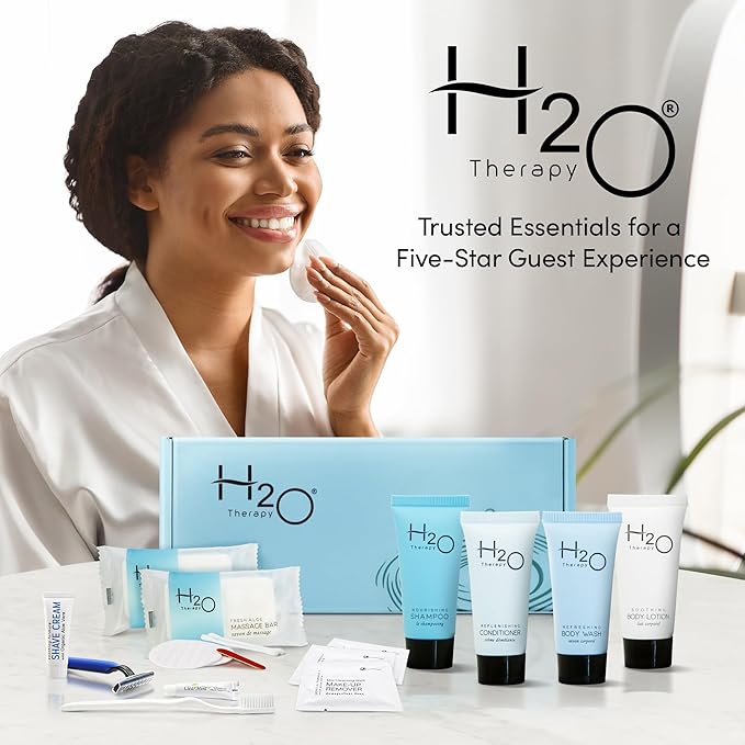 H2O Therapy Amenity & Accessory Kit | 0.85 oz Travel Size Shampoo, Conditioner, Lotion, Body Wash, Massage Bar, Cleansing Bar, Shave & Dental Sets, Make-Up Remover Wipes, & Vanity Kit | 15 sets/case-BrightBean Baby