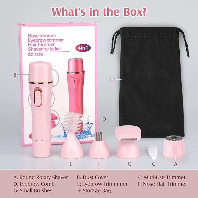 Trimmer Women, 4 in 1 Electric Razor for Women, Facial Shavers for Women, Portable Travel Womens Electric Razor for Face Beard Eyebrow Leg Arm Bikini Armpit Pubic Hair, Pink-BrightBean Baby