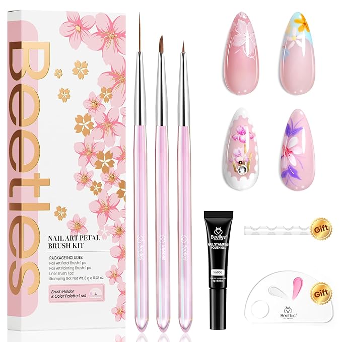 Beetles Nail Art Brushes Set for Gel Polish 3 Pcs Nail Art Design Pen and One White Painting Gel All-in-One Petal Brush Kit Flower DIY with Palette Dotting Manicure Tool Set-BrightBean Baby