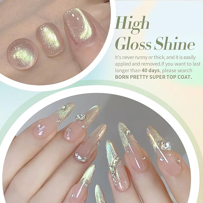 Born Pretty Cat Magnetic Eye Gel Nail Polish Shimmer Glitter Holographic Auroas Magnetic Gel Spring Summer Pink Green Blue Translucent Gel Polish Set Manicure Nail Art DIY at Home-BrightBean Baby