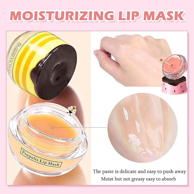 4 PCS Bee Lip Balm Honey Pot,Strawberry&Honey&Watermelon&Apple Lime Lip Sleeping Mask,Hydrating Prevention Dry and Cracked Lip Scrubs Exfoliator Lip Care,Moisturizing Lip Mask Overnight-BrightBean Baby