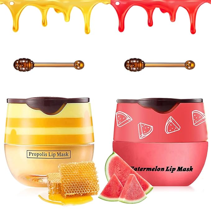 2 PCS Bee Lip Balm Honey Pot, Honey & Watermelon Lip Sleeping Masks Overnight, Hydrating Prevention Dry and Cracked Lip Scrubs Exfoliator Lip Care, Reduces Lip Lines-BrightBean Baby