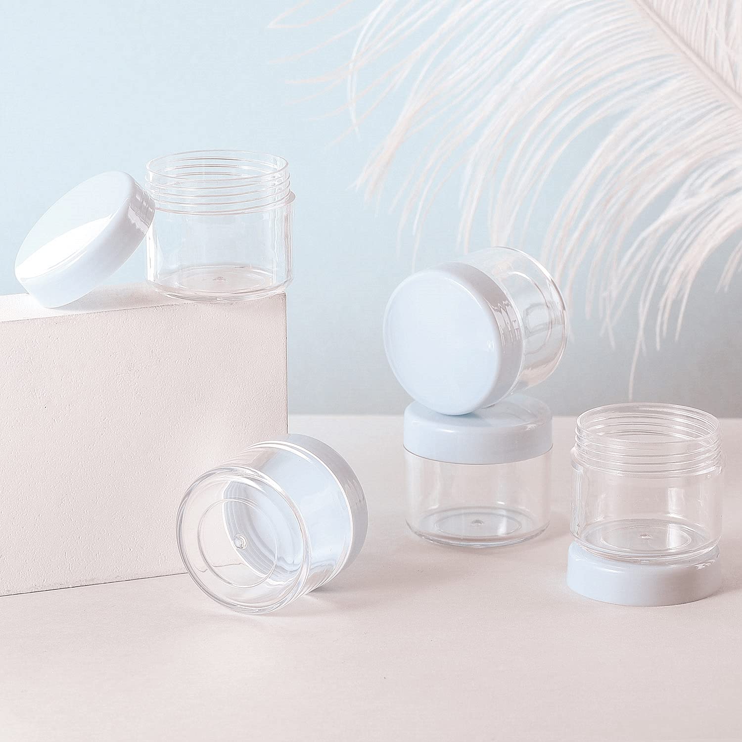 Refillable Cosmetic Sample Jars - 100 Pack 20g (0.7oz) White Small Travel Containers with Lids + 10 Mini Makeup Spatulas - BPA Free-BrightBean Baby