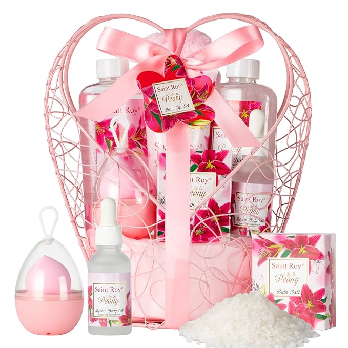 Gift Basket For Women, Mother's Day Gift for Mom Spa Set Lily & Peony Home Spa Set, Beauty Personal Care Set Jojoba Oil, Spa Self Care Kit, Bath Body For Thank You, Birthday, Mom, Anniversary Gift-BrightBean Baby