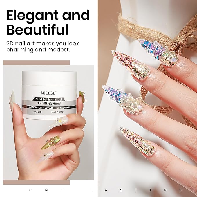 MIZHSE 100g Solid Builder Gel for Nails, Large Capacity Clear Hard Gel 3D Sculpting for Nail Art U V LED Builder Kit with 3D Silicone Pen, for Salon Home DIY-BrightBean Baby