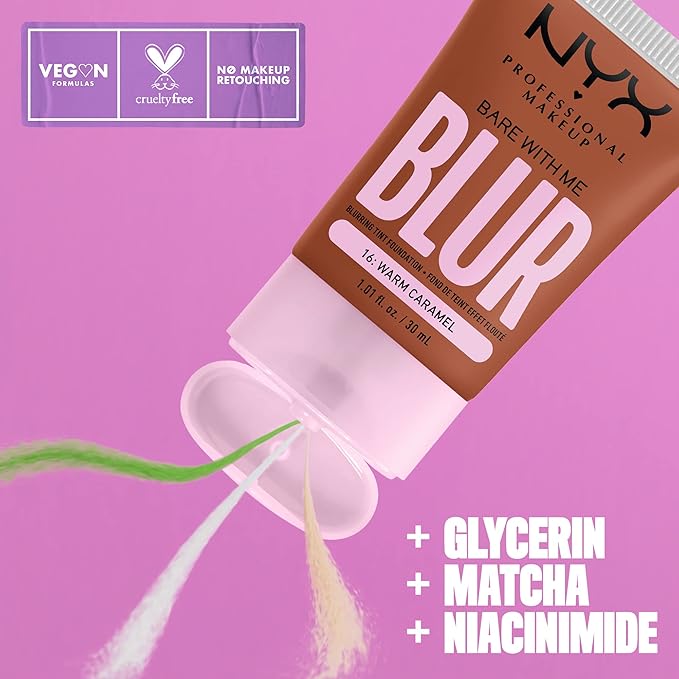 NYX PROFESSIONAL MAKEUP Bare With Me Blur Skin Tint Foundation Make Up with Matcha, Glycerin & Niacinamide - Warm Caramel-BrightBean Baby
