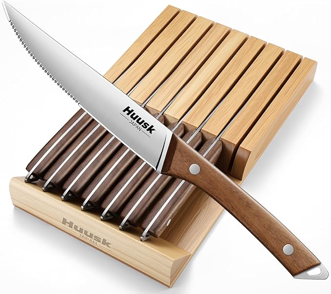 Huusk Steak Knives Set of 8 with Drawer Organizer-4.5 in Japanese Serrated Steak Knife Set with Block, Serrated & Straight Dual-Edge, Stainless Steel Steaks Knives with Holder, Gift Box for Him Her