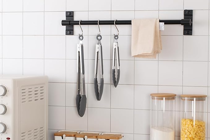 COOK WITH COLOR Stainless Steel Silicone Tipped Kitchen & BBQ Tongs Set, 3 Pc. Tongs, Black