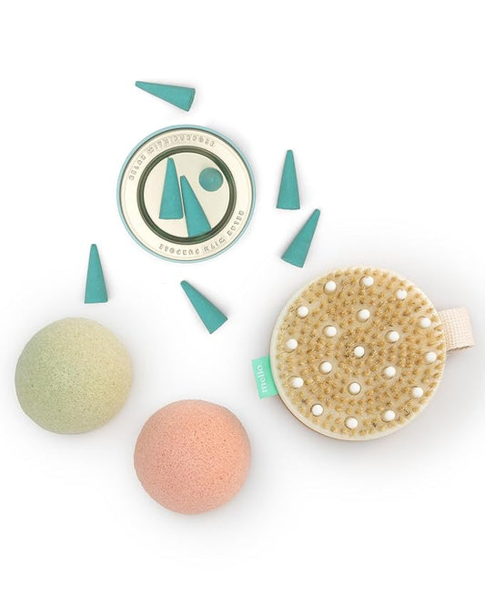 Mello Bath Accessories Deep Soak | Self Care Gifts for Women | Spa Gifts for Women & Relaxation Gifts for Women | Bath Accessories Includes Konjac Sponge, Incense Cones & Exfoliating Brush-BrightBean Baby