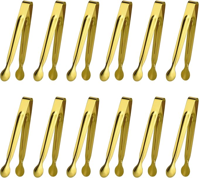 Small Serving Tongs,Ice Tongs,Sugar Tongs,Kitchen Tiny Tongs for Appetizers,Golden,12 PCS(6.3 Inch)