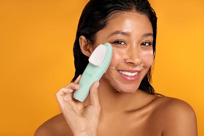 LOLLIPOP Dual-Sided Facial Cleansing Brush | Handle Size Silicone Face Exfoliator and Soft Fiber Cleanser | Manual Face Scrubber for Pores, Makeup Removal, Blackhead and Skincare Routine, Minty-BrightBean Baby