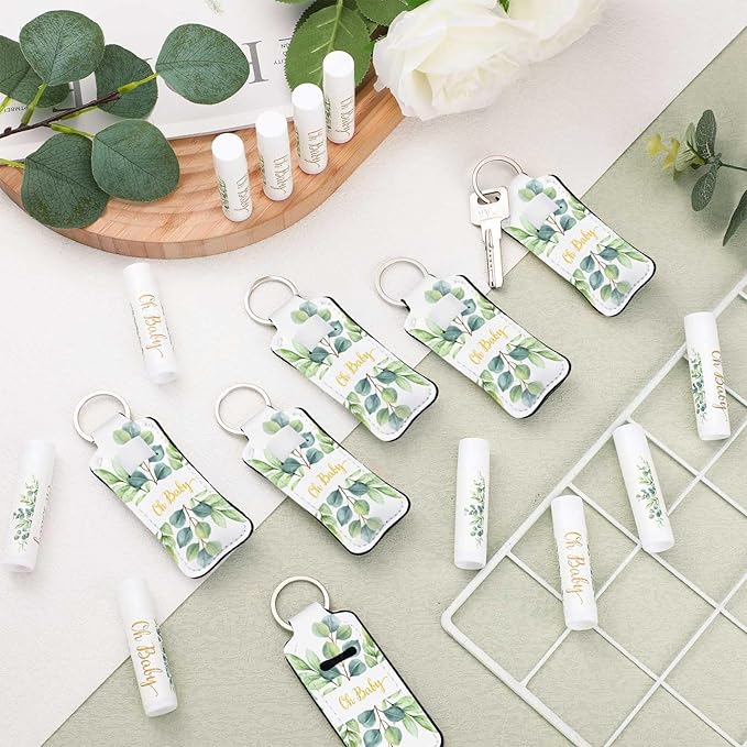 18 Sets Baby Shower Bridal Shower Favors for Guests Bulk Lip Balm and Lipstick Holder Keychains Set Baby Shower Bridal Shower Goodies Bags Thank You Gifts for Guests(Eucalyptus Baby)-BrightBean Baby