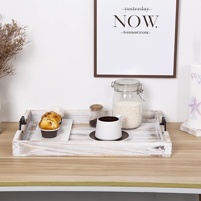 Rustic Vintage Big Wood Food Breakfast Serving Trays with Cutout Metal Handles(20 Inches) Large Nesting Board Decorative Serving Trays Platter in Bed, Ottoman, Coffee Table, BBQ, Party(Washed White