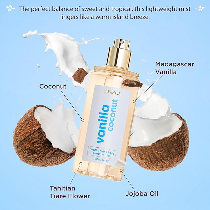 LAVANILA Vanilla Coconut Healthy Hair + Body Perfume Mist, 5 Fl Oz - Sweet & Tropical Fragrance Spray Formulated with Jojoba Oil, Madagascar Vanilla, Coconut, Tahitian Tiare Flower-BrightBean Baby