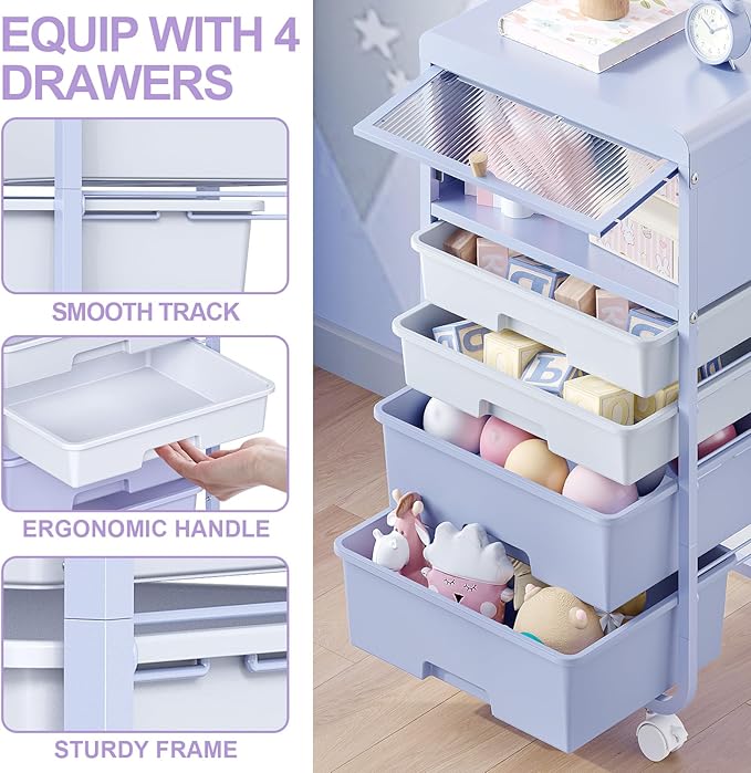 Utility-Rolling-Storage-Drawer-Craft-Cart-Organizers with 4 Drawers & Dust-Proof Door for Kid Craft Art Room,Bedroom,Home Office, Lavender Purple-BrightBean Baby