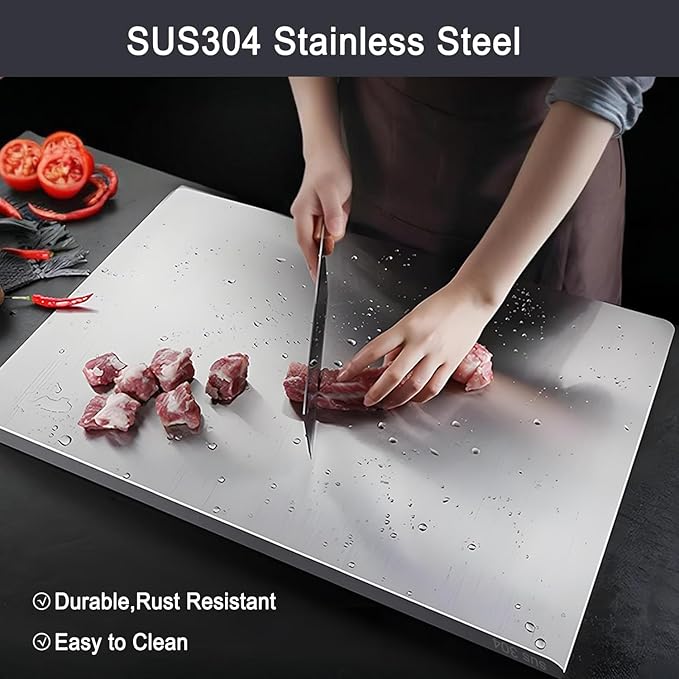 304 Stainless Steel Cutting Board – Stainless Steel Kitchen Chopping Boards Non-Slip, Dishwasher Safe – Ideal for Meat, Vegetables, Fruits, Bread & Baking – Commercial & Home Use (27.5 * 15.7in)