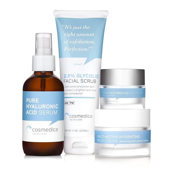 Complete Skincare Kit- Hyaluronic Acid Serum (4 Ounce), Glycolic Facial Scrub (4 Ounce), Multi Active Hydrating Night Cream and Total Restorative Eye Cream-BrightBean Baby