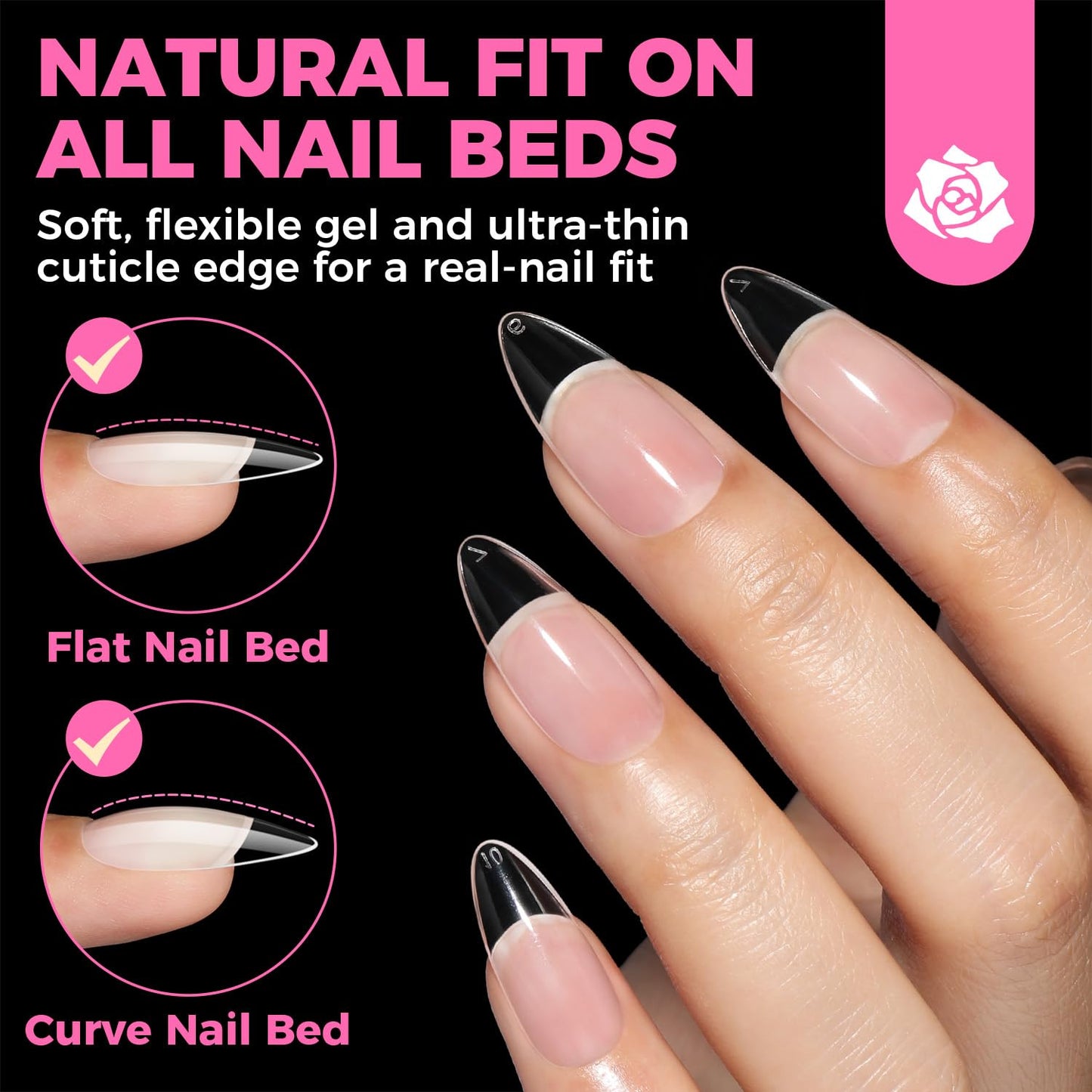 UNA GELLA Almond Gel Nail Tips, 504PCS Pre Etched Clear Fake Nails Tips Medium Almond Shape - 12 Sizes Full Cover Soft Acrylic Press On Nail Extensions No C Curve Gift for Diy at Home-BrightBean Baby