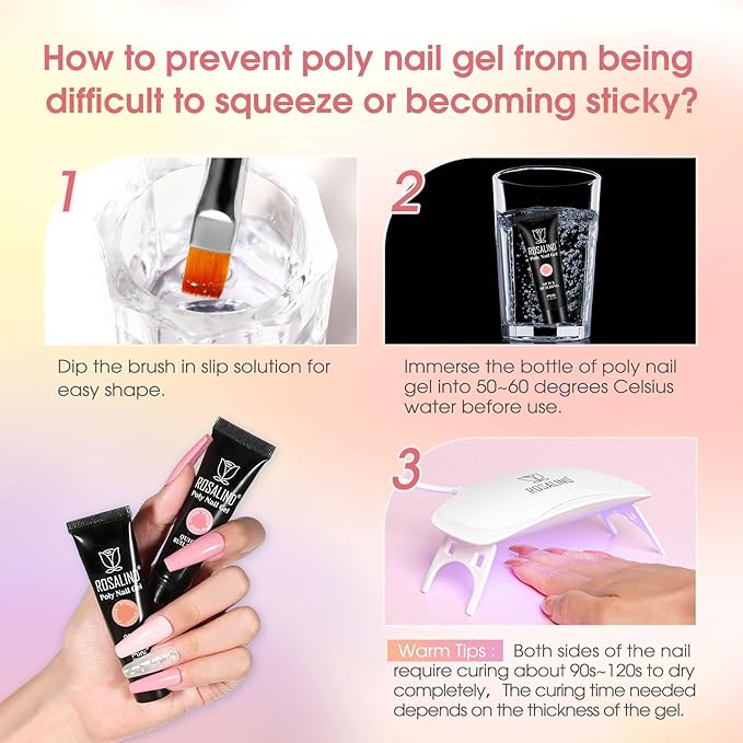 ROSALIND 8PCS Poly Nail Gel Kit with Mini Nail Lamp Clear Nude Purple Brown Poly Extension Gel Kit Mini Starter Kit-BrightBean Baby