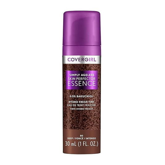Covergirl Simply Ageless Skin Perfector Essence Foundation, 80 Deep, Tinted Skin Perfector, Skincare Makeup Hybrid, Sheer Tint, Radiant Finish, Skin-Like Finish, Vegan Formula, 1.0oz-BrightBean Baby