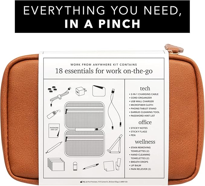 Pinch Provisions Work from Anywhere Kit, Includes 18 Essentials to Help You Stay on Task, Must-Have Essentials, Compact Multi-Functional Double-Pocket Vegan Leather Pouch-BrightBean Baby