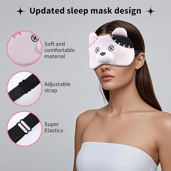 PERFECTSIGHT Sleep Eye Masks, Cute Plush Sleep Eye Cover Lightweight Adjustable Eyeshade Faux Fur Mask Cover for Women Men Kids Sleep Travel Nap, Pink Pudding Bear-BrightBean Baby