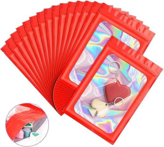 100 Pieces Smell Proof Mylar Resealable Bags, Holographic Packaging Bags, Resealable Odor Foil Pouch Zip Bag with Clear Window for Food Storage and Lipgloss, Jewelry Lash (Red, 3.5 x 6.3 Inch)-BrightBean Baby