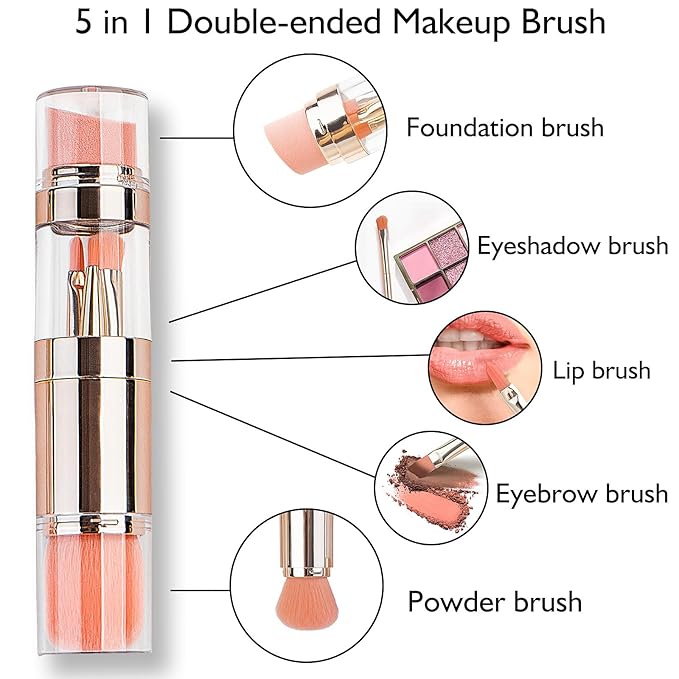 kullder 5-in-1 Makeup Brush Travel Makeup Brush set Dual Ended Mini Makeup Brush Pen Foundation Powder Concealer Shadow Blush Makeup Brushes with 2 Sponge Puff Womens Gift Idea for Beauty Lover-BrightBean Baby