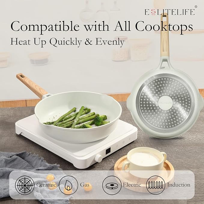 ESLITE LIFE Nonstick Ceramic Frying Pan Skillet with Lid, Non-Toxic Egg Omelette Kitchen Cooking Pans Compatible with All Stovetops (Gas, Electric & Induction), PTFE & PFOA Free (White, 8" w/Lid)