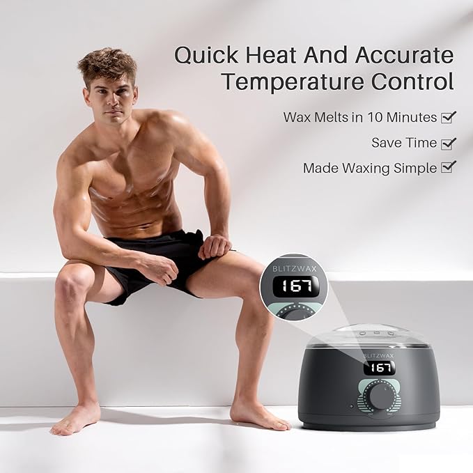 BLITZWAX Back and Nose Waxing Kit for Men, Hard Wax Warmer for Brazilian, Body and Face, At Home Hair Removal Kit, Beginner Friendly, Quick Heating, 93 Accessories, Charcoal Grey-BrightBean Baby