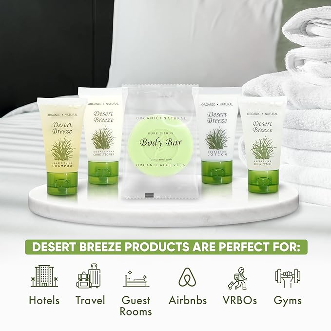 Desert Breeze Hotel Soaps and Toiletries Bulk Set | 1oz Hotel Shampoo & Conditioner, Body Wash, Body Lotion & Bar Soap | Full Pallet 49 cases with 300 units each - 14,700 pieces-BrightBean Baby