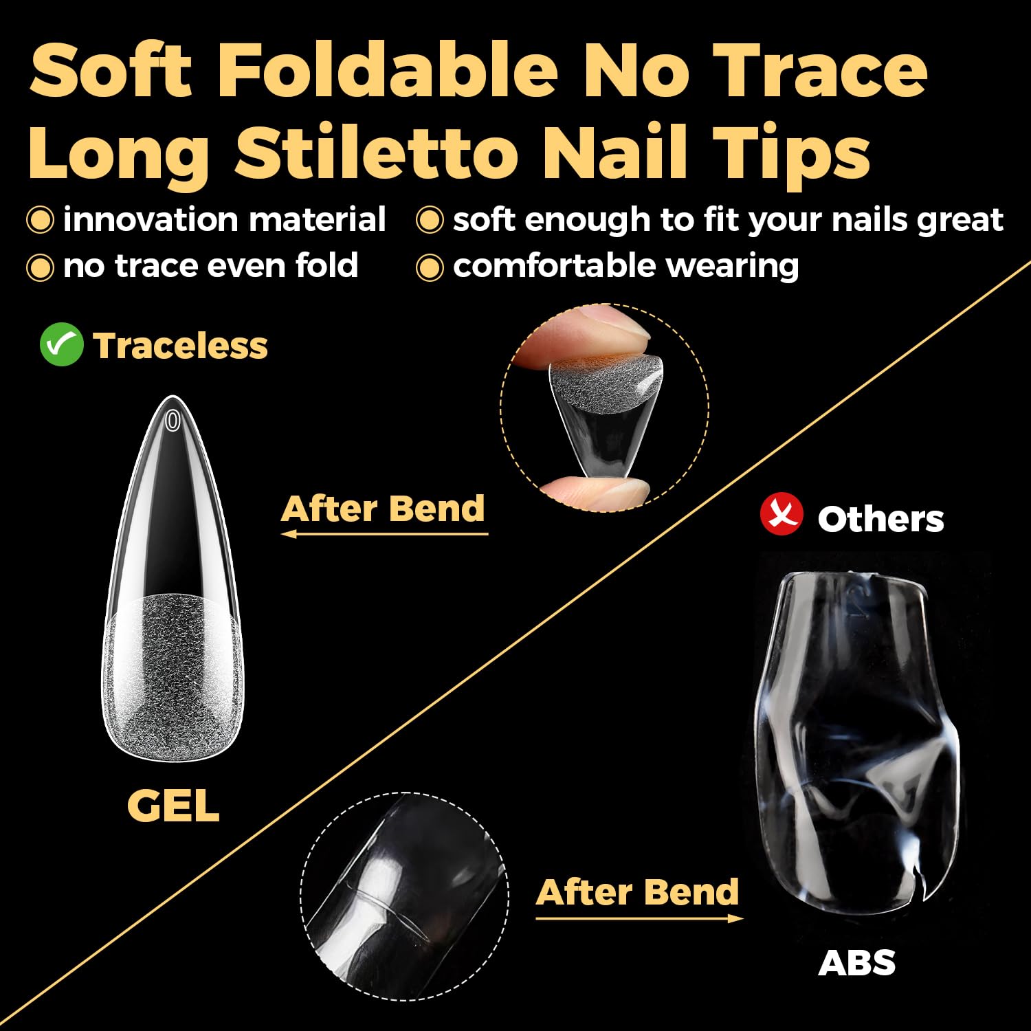 UNA GELLA Halloween Long Stiletto Gel Nail Tips, 600Pcs Pre Etched Long Stiletto Almond Nail Tips Clear Fake Nails Press on Nails No C Curve for DIY Art Salon at Home 12 Sizes-BrightBean Baby