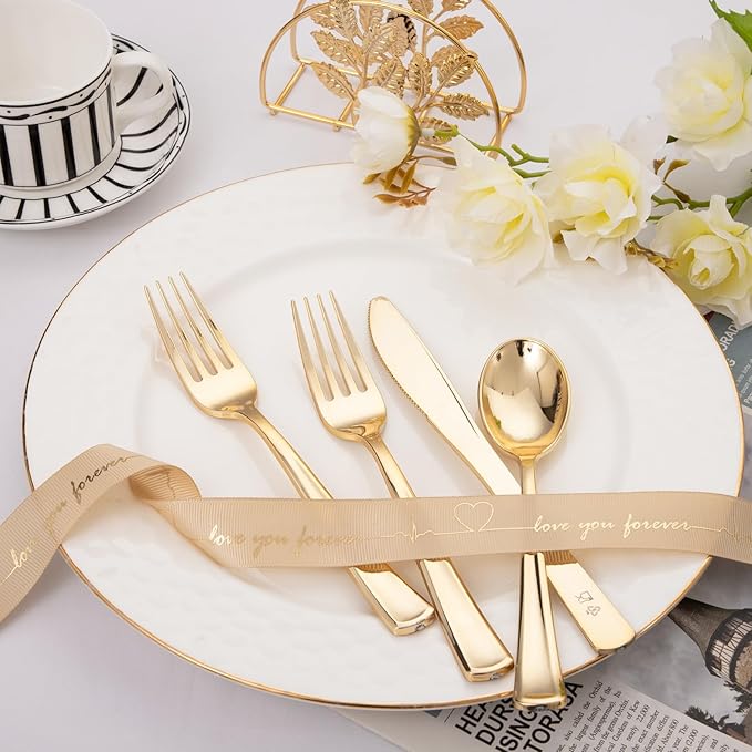 Liacere 200Pcs Gold Plastic Silverware-Gold Plastic Cutlery - Disposable Silverware include 100 Forks 50 Spoons 50 Knives Perfect for Parties&Weddings&Restaurants&Thanksgiving&Fall Decor
