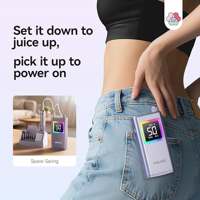 SAVILAND Advanced 50000 RPM Nail Drill Professional: 10S Fast Removal Electric Nail File Portable Nail Filer Electric with Rechargeable Electric Nail Drill Bits Pro Acrylic Nail Manicure Nail Tools-BrightBean Baby