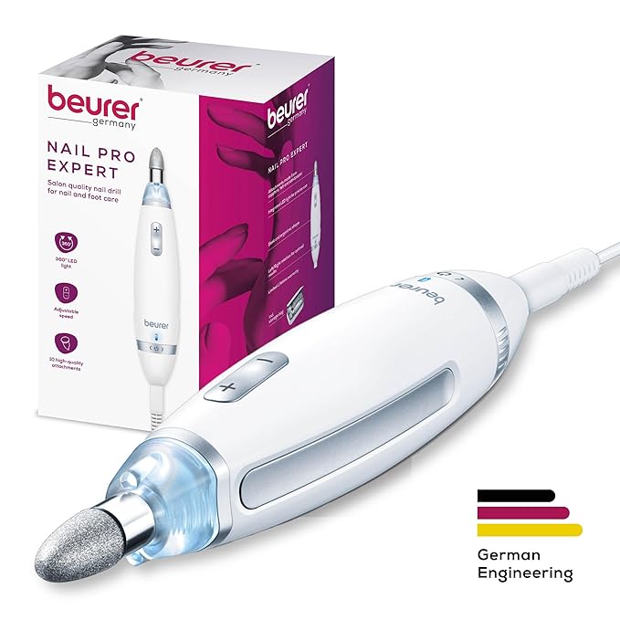 Beurer MP62 Professional Nail Drill Kit, Portable Electric File Machine with 10 Attachments & 10 Sanding Bands, Efile Dremel for Acrylic Gel Manicure and Pedicure, LED Light, with Storage Case-BrightBean Baby