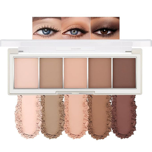 Erinde 5 Colors Matte Eyeshadow Palette Makeup, Natural Classic Nude Neutral Nude Brown Eye Shadow, Long Wearing Waterproof Everyday Eye Makeup for Brown Eyes, Off White Beige, Light to Dark Brown, 01-BrightBean Baby