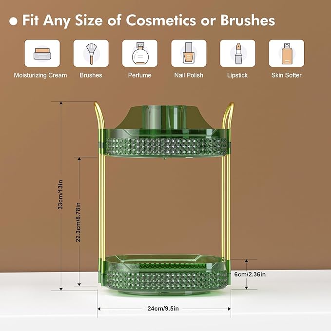 Awenia Rotating Makeup Organizer 360, Stackable Adjustable Large Capacity Cosmetic Storage Unit,Dresser Bathroom Kitchen Countertop Organizer with Metal Handle, Plus Size (Gem Green, 2 Tier)-BrightBean Baby