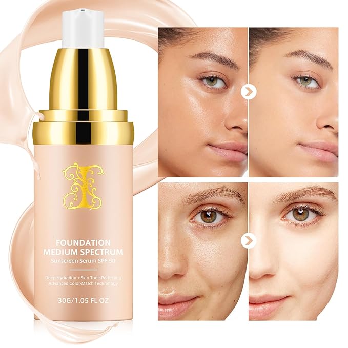 Colour Changing Foundation Liquid 4 in 1, Oil-free BB Cream Makeup, Hydrating Longwearing & Waterproof Concealer, SPF 50+ Makeup Base Nude Face, Foundation Medium Spectrum for all Skin(2PCS)-BrightBean Baby