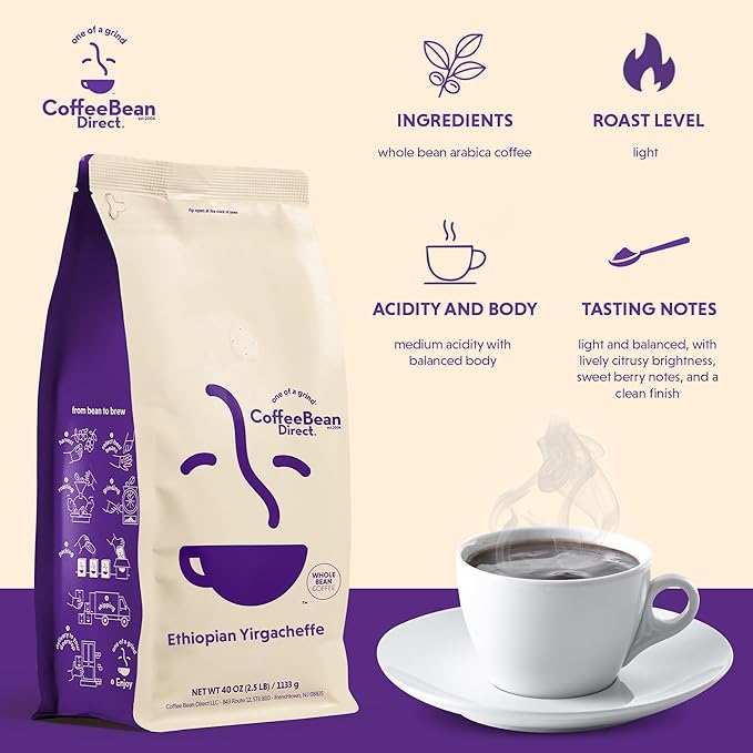 Coffee Bean Direct Ethiopian Yirgacheffe, Whole Bean Coffee, Light Roast, 2.5 Pound Bag (Pack of 1)