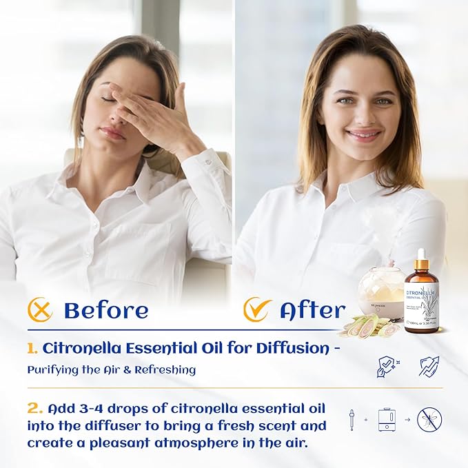 HIQILI 100ML Citronella Oil for Homemade Sprays, Add to Diffuser, 100% Pure and Natural Undiluted 3.38 Fl Oz-BrightBean Baby