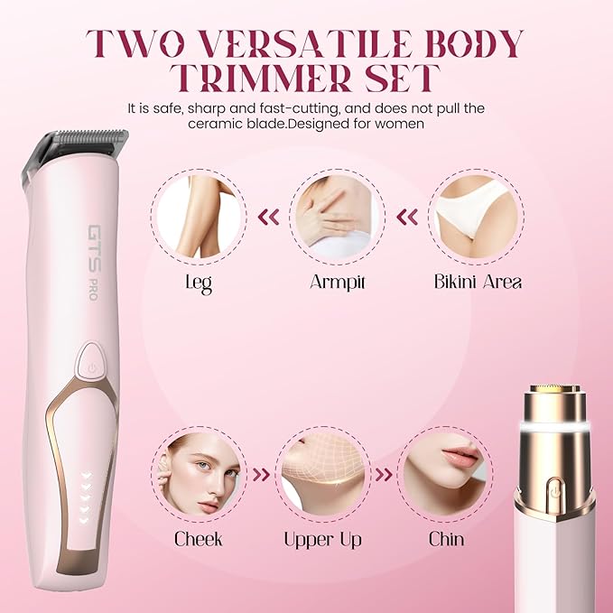 Bikini Trimmer for Women Electric Razor 2 Pack Dual Head Body & Facial Hair Remover -Waterproof USB Rechargeable with Replacement Ceramic Blades, Travel Pouch & Packaging Box(Pink)-BrightBean Baby