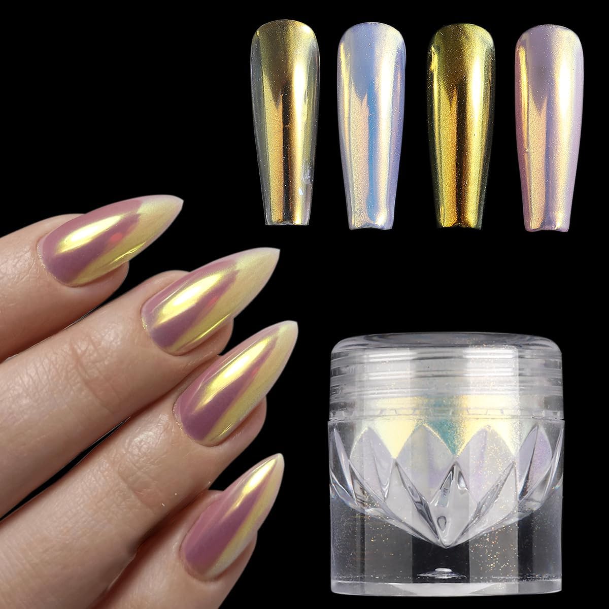 Unicorn Chrome Nail Powder, 1 Box Gold Aurora Powder, Iridescent Chrome Powder Metallic Mirror Effect Pigment, Fairy Powder Mermaid Glitter Dust Shell Pearl Nail Cromer Powder Manicure Dust-BrightBean Baby